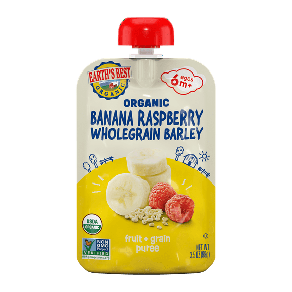 Earth's Best Organic Stage 2 Baby Food, Banana Raspberry Barley Fruit & Grain Puree, 3.5 oz Pouch