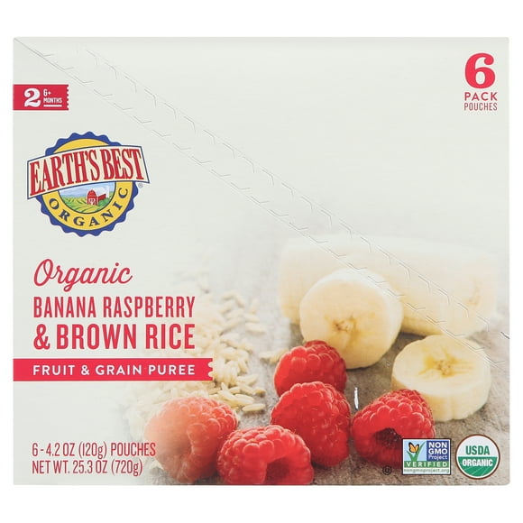 Earth's Best Organic Stage 2 Baby Food, Banana Raspberry & Brown Rice, 3.5 oz Pouches (6 Pack)