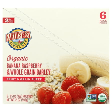 Earth's Best Organic Stage 2 Baby Food, Banana Raspberry & Brown Rice, 4.2 oz Pouch, 6 Pack
