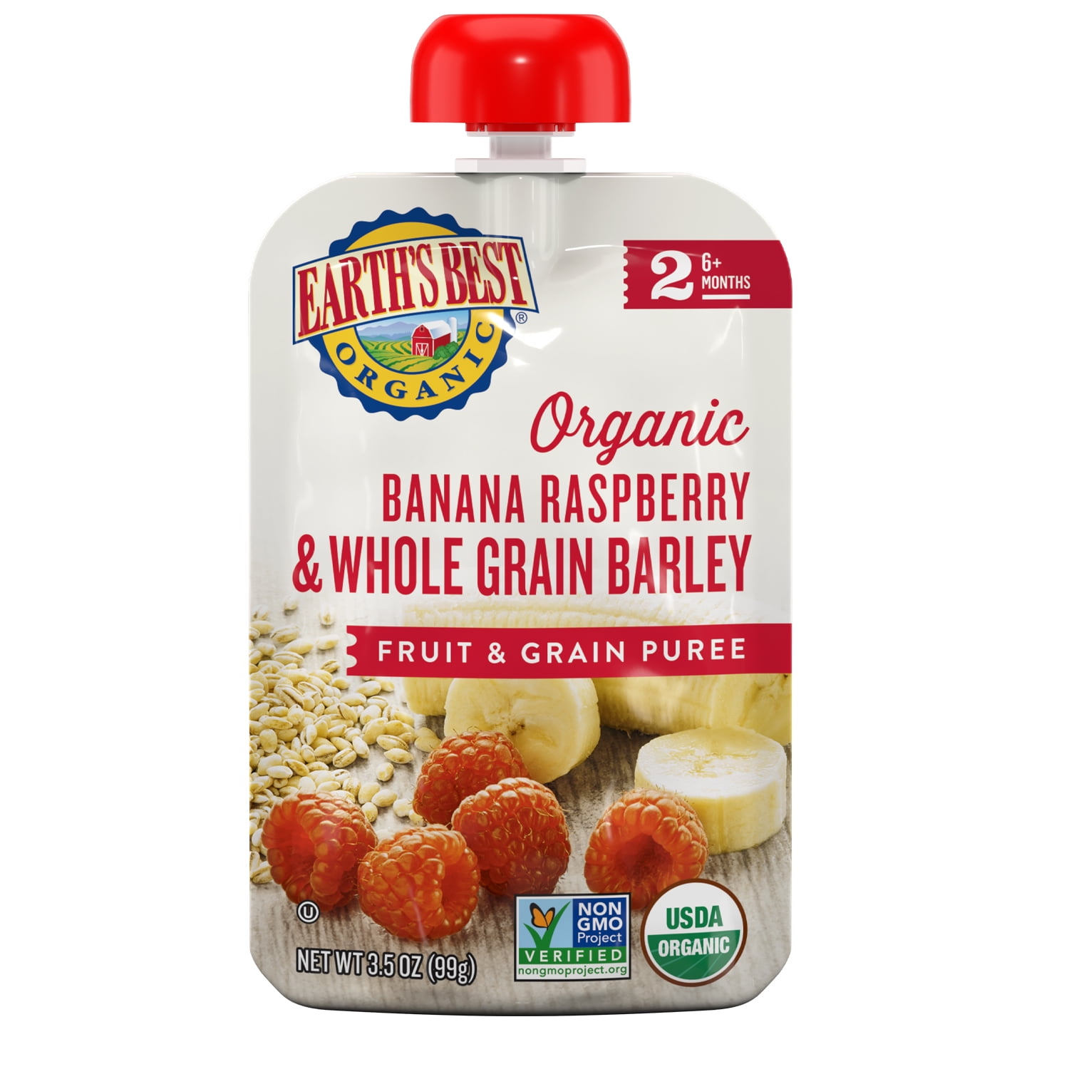 Earth's Best Organic Stage 2 Baby Food, Banana Raspberry & Whole Grain Barley, 3.5 oz Pouch