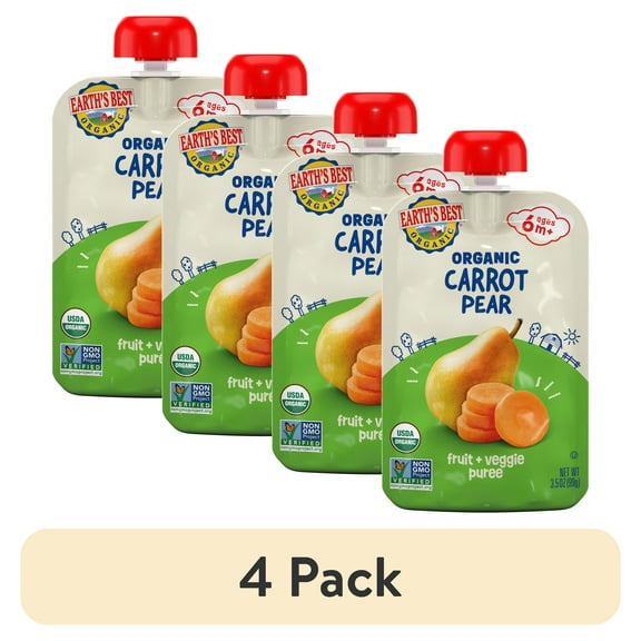 (4 pack) Earth's Best Organic Stage 2 Baby Food, Carrot Pear Fruit & Veggie Puree, 3.5 oz Pouch