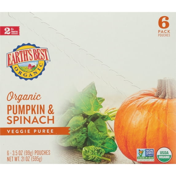 Earth's Best Organic Stage 2 Baby Food, Pumpkin & Spinach, 3.5 oz Pouches (6 Pack)