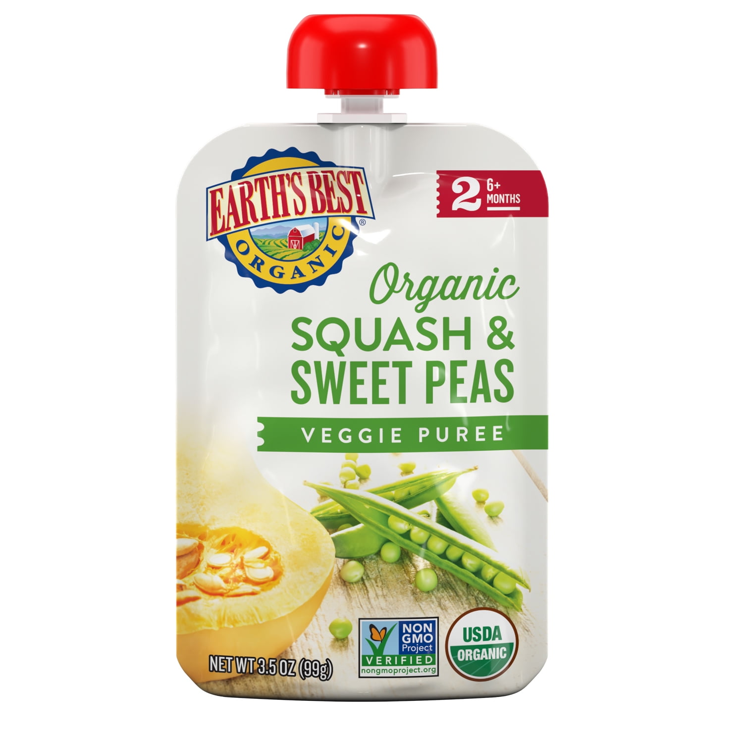 Earth's Best Organic Stage 2 Baby Food, Squash & Sweet Peas, 3.5 oz Pouch