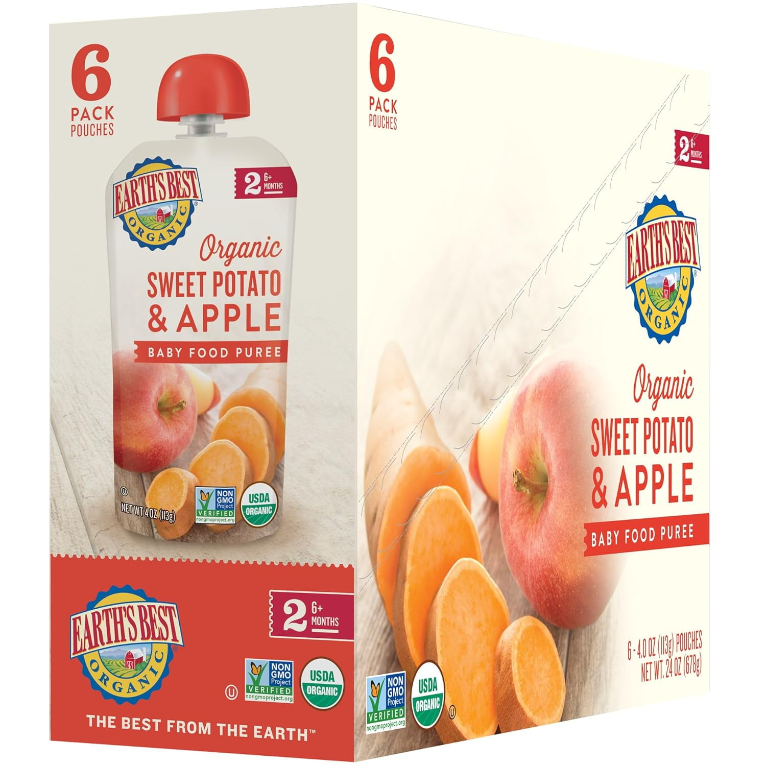 Earth's Best Organic Stage 2 Baby Food, Sweet Potato & Apple, 4 oz Pouches (12 Pack)