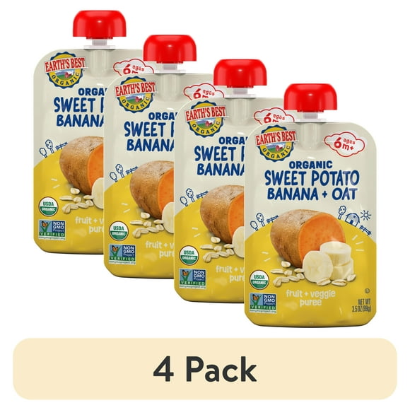 (4 pack) Earth's Best Organic Stage 2 Baby Food, Sweet Potato Banana Oat Fruit & Veggie Puree, 3.5 oz Pouch