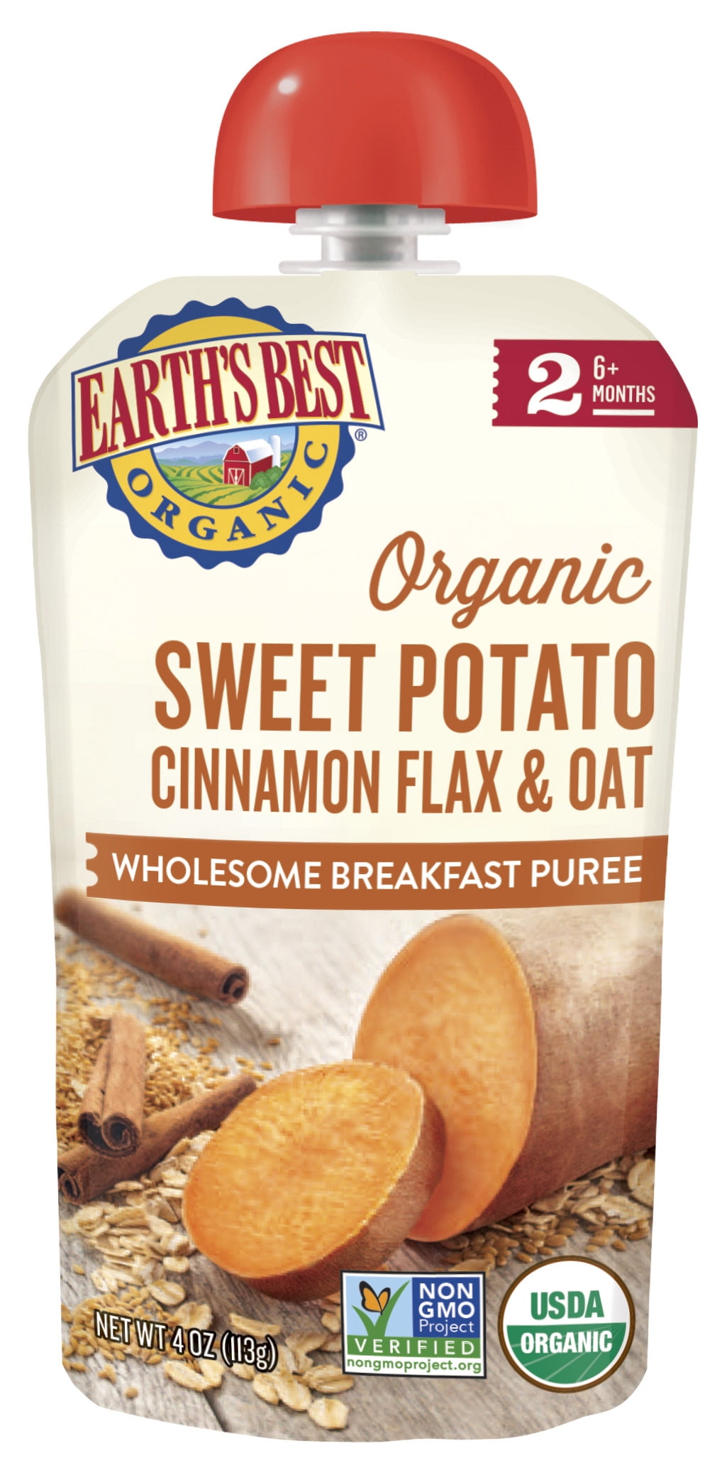 Earth's Best Organic Stage 2 Baby Food, Sweet Potato Cinnamon Flax & Oat, 4 oz Pouch