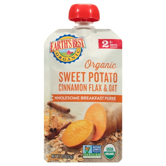 Earth's Best Organic Stage 2 Baby Food, Sweet Potato Cinnamon Flax & Oat, 4 oz Pouch