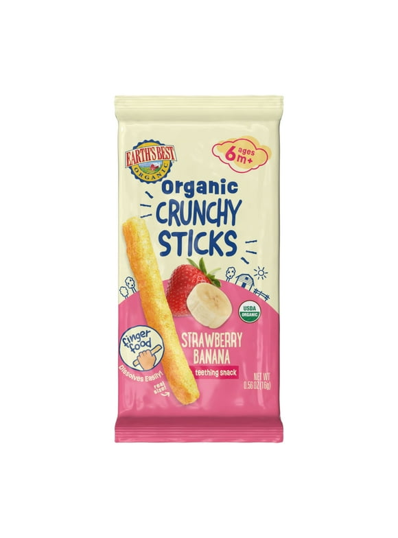 Earth's Best Organic Stage 2 Baby Snack, Strawberry Banana Teething Crunchy Sticks, 0.56 oz Bag