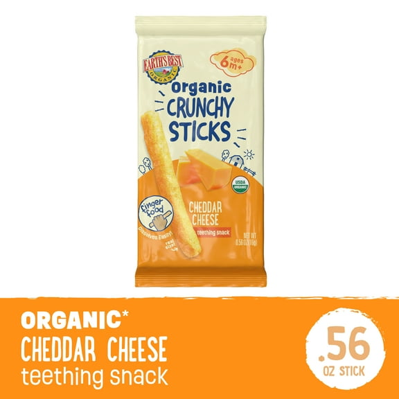 Earth's Best Organic Teething Crunchy Sticks Cheddar Cheese Puffed Baby Snack, 0.56 oz Bag