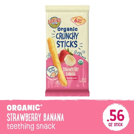 Earth's Best Organic Teething Crunchy Sticks Strawberry Banana Puffed Baby Snack, 0.56 oz Bag