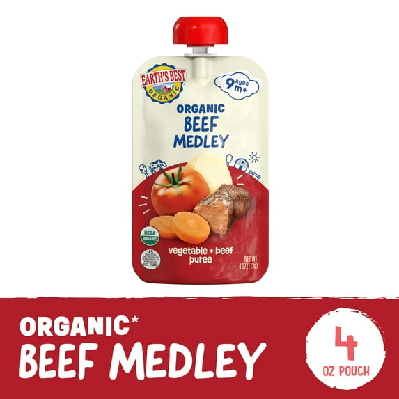 Earth's Best Organic Stage 3 Baby Food, Beef Medley Protein & Veggie Puree, 4 oz Pouch