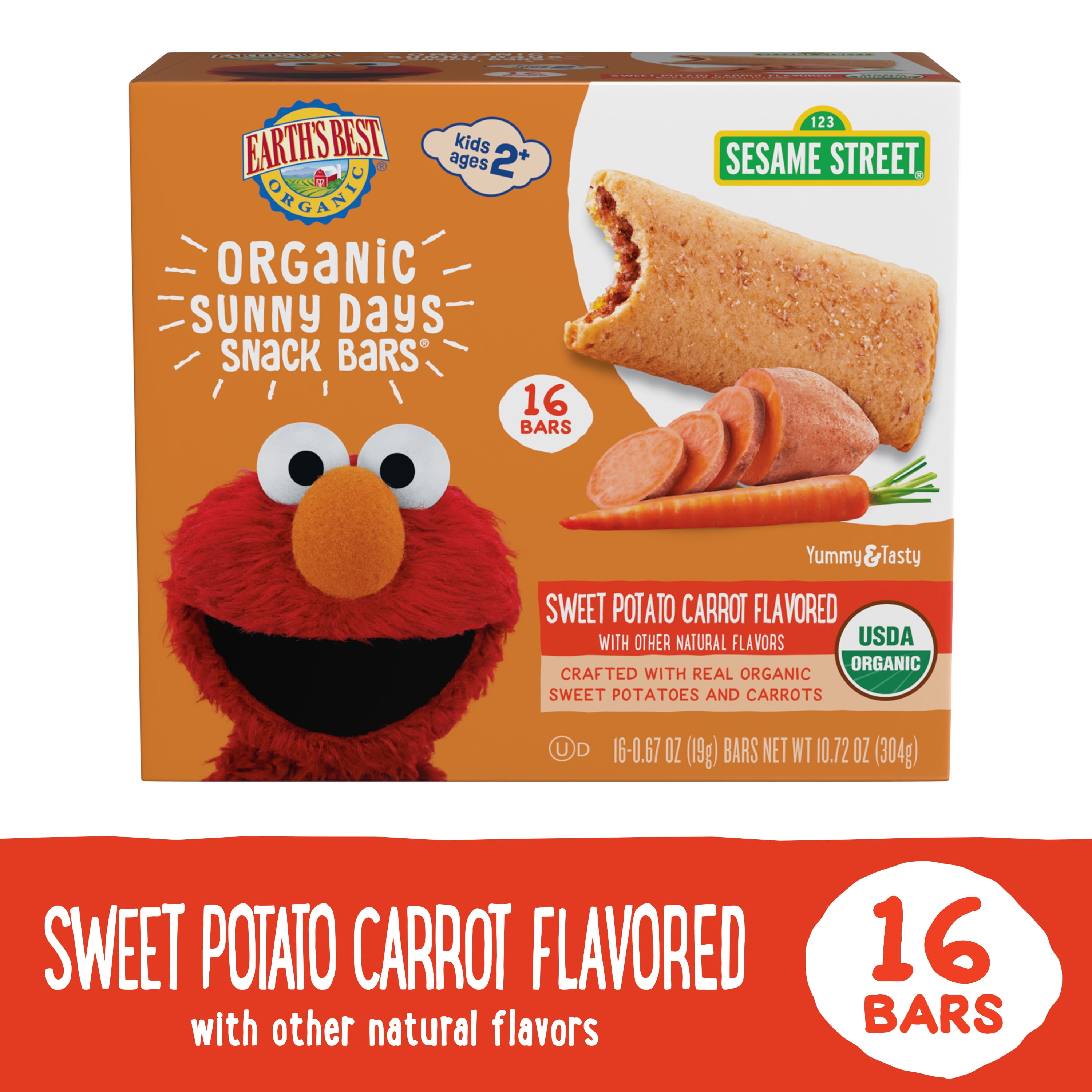 Earth's Best Organic Sweet Potato Carrot Sunny Days Toddler Snack Bars, 10.72 oz Box (16 Count)