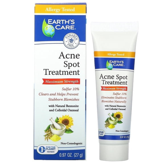 Earth’s Care Maximum Strength Acne Spot Treatment – 10% Sulfur Treatment for Pimples, Cystic Acne & Blackheads, Soothing Formula, 0.97 oz