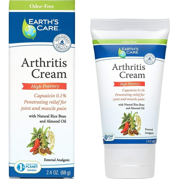 Earth's Care Arthritis Cream, with 0.1% Capsaicin, High Potency Relief for Joint & Muscle Pain, 2.4 OZ Tube