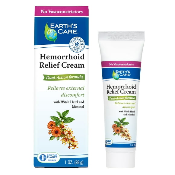 Earths Care Hemorrhoid Relief Cream, Dual Action Formula with Witch Hazel and Menthol, 1 OZ