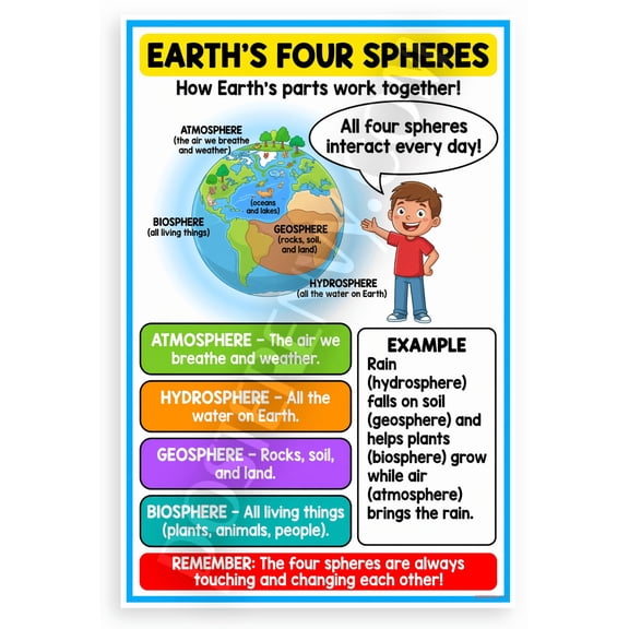 Earth's Four Spheres Atmosphere Hydrosphere Geosphere Biosphere Educational 12x18 US Made Poster