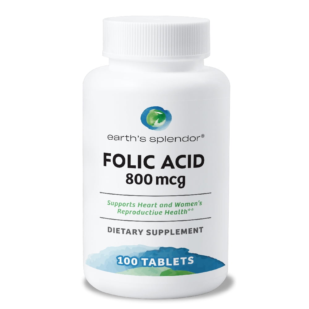 Earth's Splendor Folic Acid 800 mcg Dietary Supplement, Supports Heart Health, Supports Women's Reproductive Health, Smooth Coated Tablets (800 mcg, 200 Tablets)