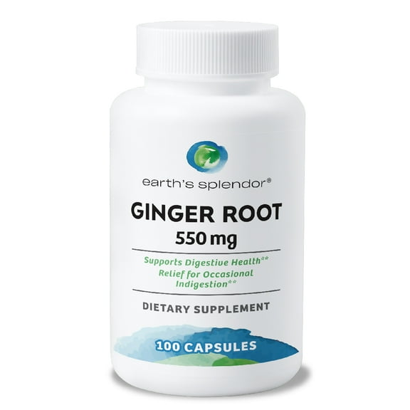 Earth's Splendor Ginger Root 550 mg Dietary Supplement for Men & Women, Supports Digestive Health, No Artificial Color or Preservatives (550 mg, 100 Capsules)