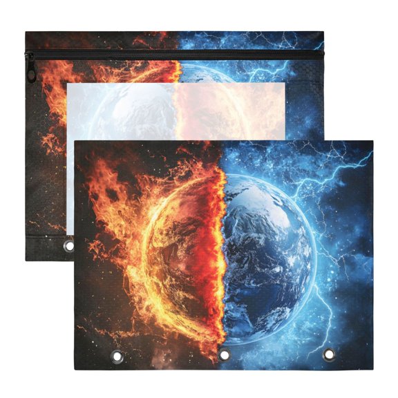 Earth with Flame Water Power 3-Ring Binder Pouches A4 Size Zipper Pocket File Storage 2 Packs