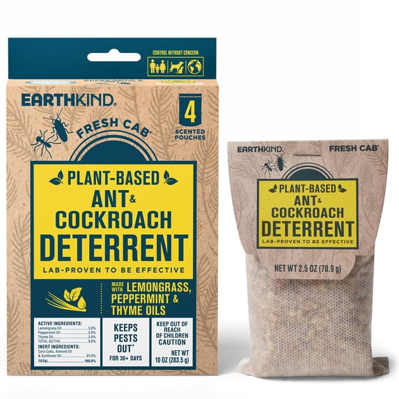 EarthKind Fresh Cab Ant & Cockroach Deterrent Pouches - Indoor Botanical Pest Control - Safe for Kids & Pets When Used as Directed - Made with Peppermint Essential Oil - New Packaging - 4-Pack