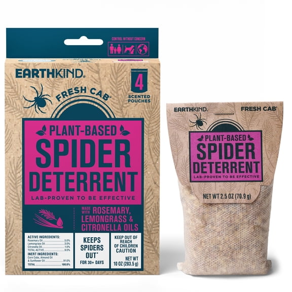 EarthKind Fresh Cab Spider Deterrent Pouches - Indoor Spider Deterrent for Attic, Crawl Space, Window Sill & More - Plant-Based Ingredients & Essential Oils - New Packaging - 4-Pack