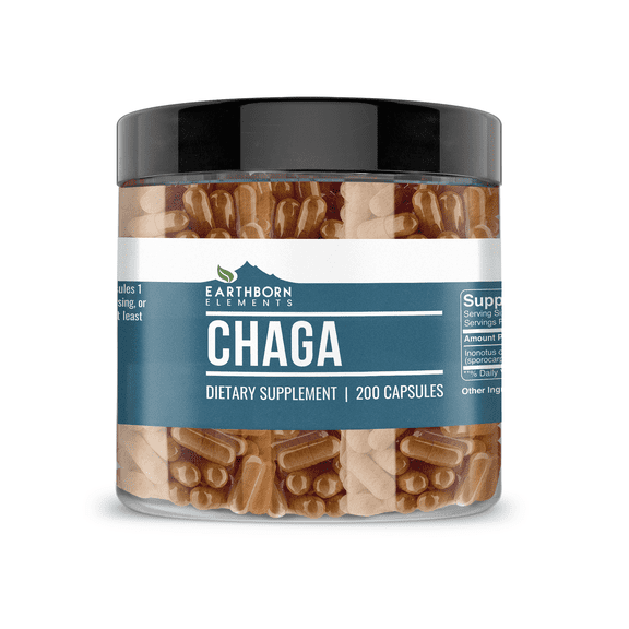 Earthborn Elements Chaga Mushroom Extract 200 Capsules, Pure & Undiluted, No Additives