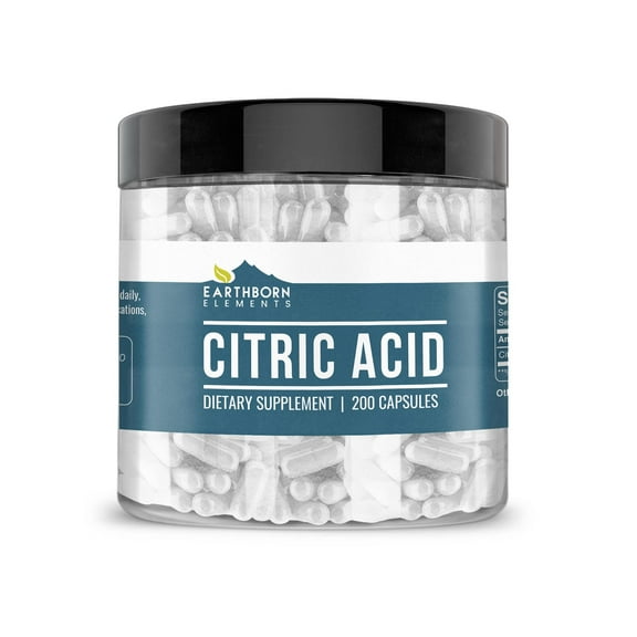Earthborn Elements Citric Acid 200 Capsules, Pure & Undiluted, No Additives