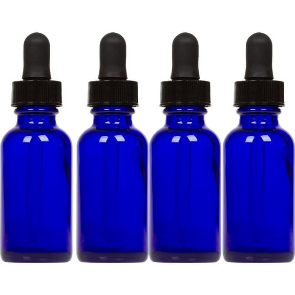 Earthborn Elements Cobalt Glass Bottles with Eye Droppers 1 oz, 4 pk For Essential Oils, Colognes & Perfumes