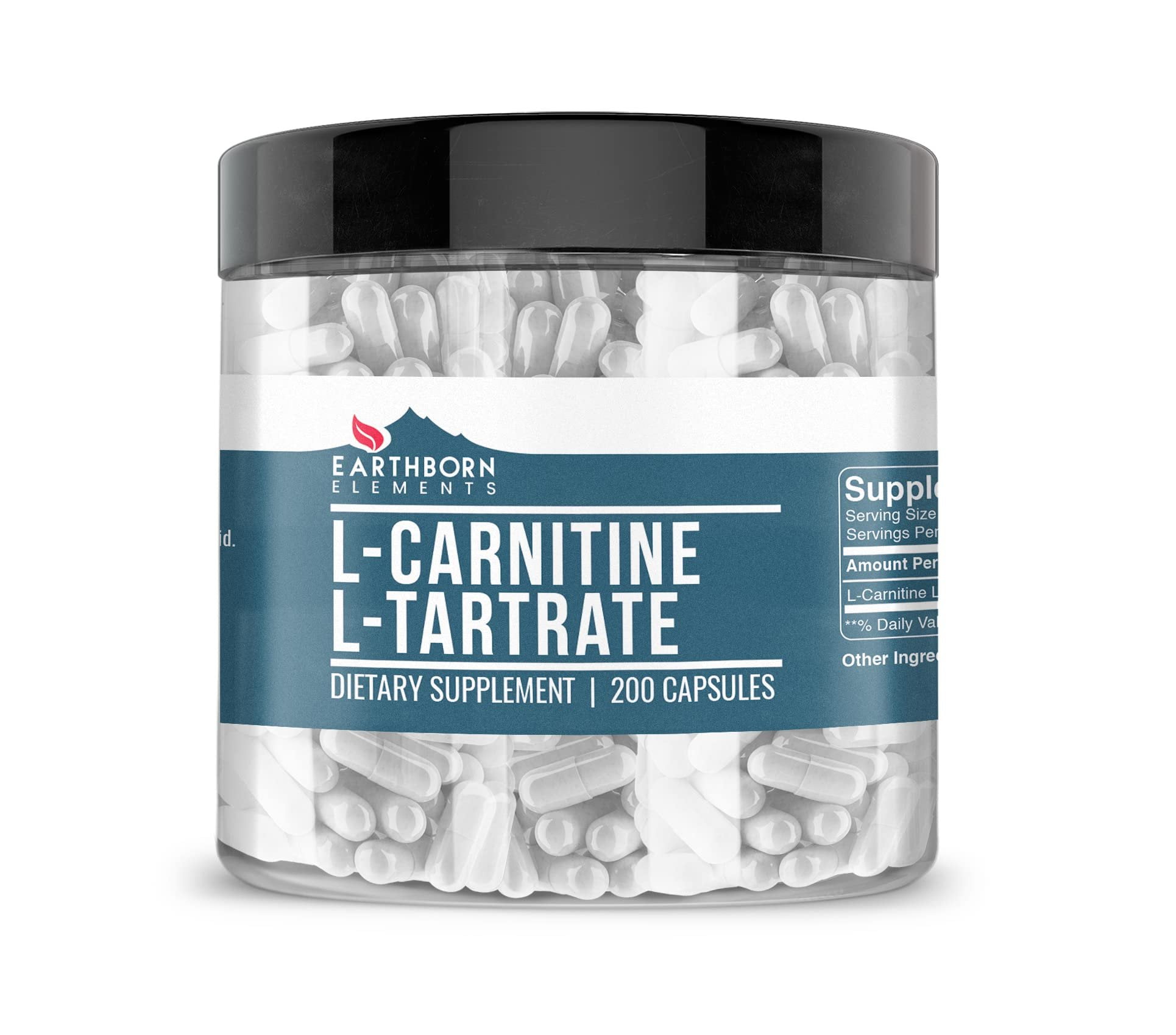 Earthborn Elements L-Carnitine Tartrate, 200 Capsules, No Magnesium or Rice  Fillers, No Additives, Gluten-Free, Undiluted