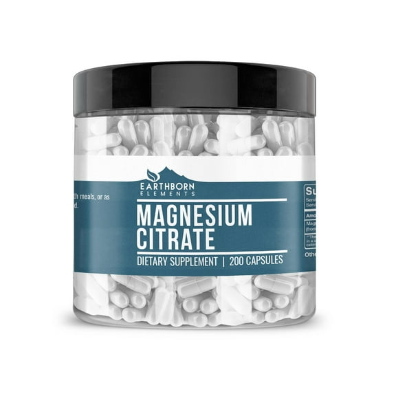 Earthborn Elements Magnesium Citrate 200 Capsules, Pure & Undiluted, No Additives