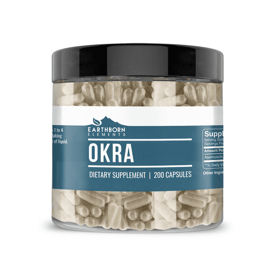 Earthborn Elements Okra Extract 200 Capsules, Pure & Undiluted, No Additives