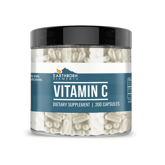 Earthborn Elements Vitamin C 200 Capsules, Pure & Undiluted, No Additives