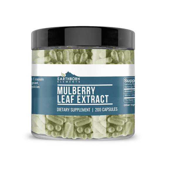 Earthborn Elements White Mulberry Leaf Extract 200 Capsules, Pure & Undiluted, No Additives