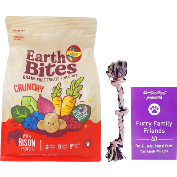 Earthborn Holistic Earth Bites Grain Free Crunchy Dog Treats with MerlinsMart Zine and Rope Toy