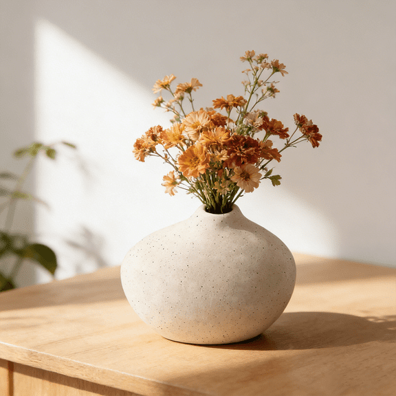Earthenware Floor Vases - Handcrafted Speckled Ceramic Pebble Vase, Rustic Beige Minimalist Home Decor for Entryway & Table, Artisan Scandinavian Floor Centerpiece, Dried Flowers Vase