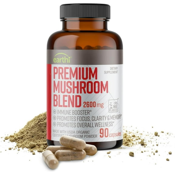 Earthi Premium Mushroom Supplement with Reishi, and Lion's Mane for Men and Women, 90 Capsules