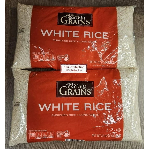 Earthly Grains Enriched, Long Grain White Rice Gluten Free Bundle 32oz 907g (2 Bags)