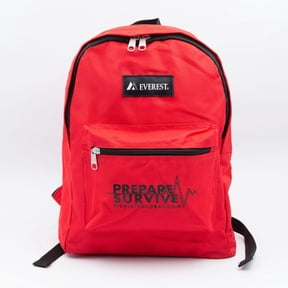 Earthquake Survival Backpack with IOSAT KI, Carbon Respirators, Aquatabs & Dynamo Radio Flashlight - Deluxe Fill by Prepare Survive (Red)