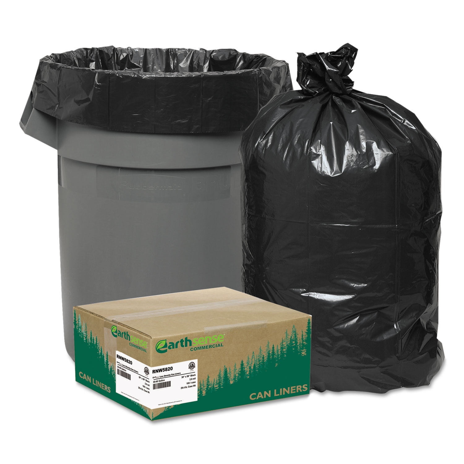 Recycled Can Liners 55-60gal 2mil 38 x 58 Black 100/Carton