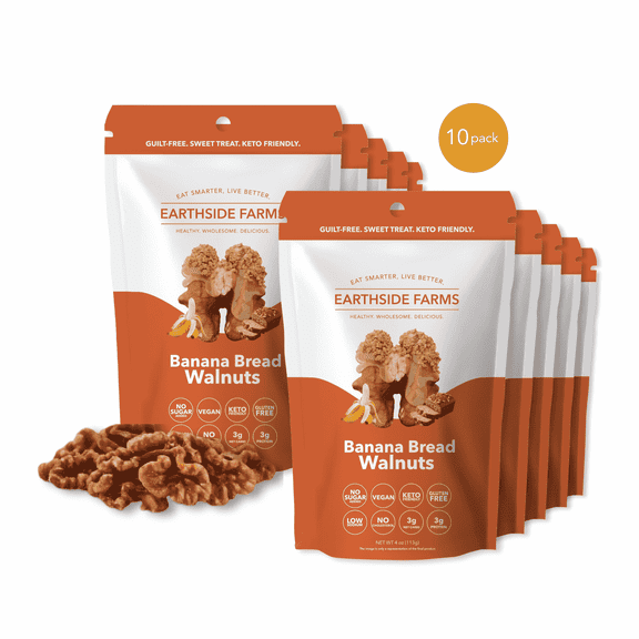 Earthside Farms Banana Bread Walnuts Snack Packs, No Sugar Added Keto Friendly Nuts, Vegan Gluten Free Non GMO Plant Protein Treat, 4oz Resealable Snack Bags, 10 Count