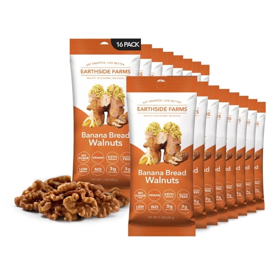 Earthside Farms Banana Bread Walnuts Snack Packs, No Sugar Added Keto Friendly Nuts, Vegan Gluten Free Non GMO Plant Protein Treat, 1oz Individual Bags 16 Count