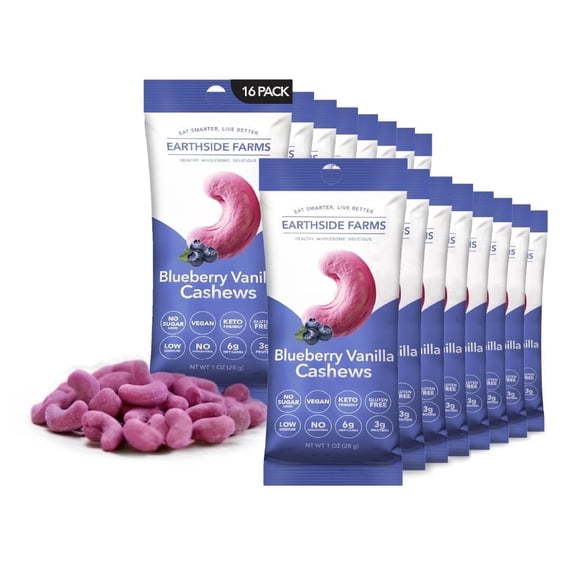 Earthside Farms Blueberry Vanilla Cashews Snack Packs, 16 Count, 1oz Single Serve, No Added Sugar, Keto, Vegan, Gluten Free. Candied Nuts Candied Cashews