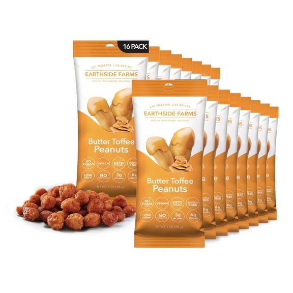 Earthside Farms Butter Toffee Peanuts, 16 Count 1oz Single Serve Snack Packs, No Sugar Added, Keto Friendly, Vegan, Gluten Free, Non GMO, Low Carb, High Protein, Candied Peanuts Snack.