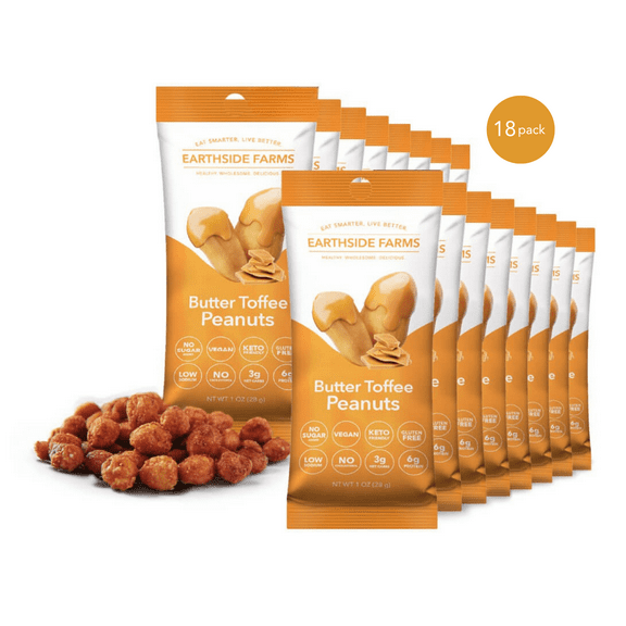 Earthside Farms Butter Toffee Peanuts, Healthy Snacks Food, Vegan, Gluten-Free, Low Carb Foods, Low Calorie Snacks, Keto-Friendly - 1 Ounce Pack of 18
