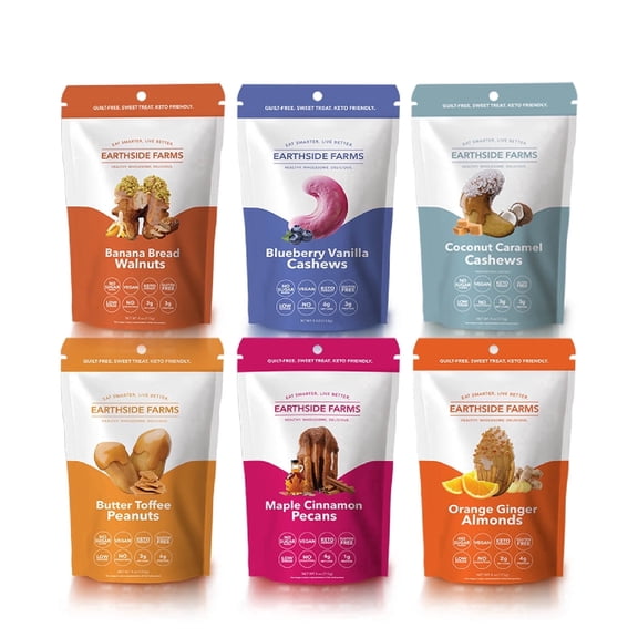 Earthside Farms Candied Nuts Variety Pack, 6 Count 4oz Resealable Snack Bags, Banana Bread Walnuts, Coconut Caramel Cashews, Maple Cinnamon Pecans, Orange Ginger Almonds, Butter Toffee Peanuts & Blue