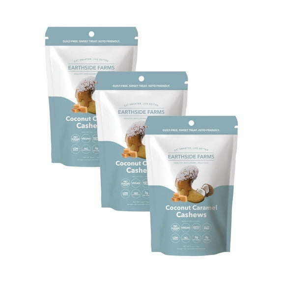 Earthside Farms Coconut Caramel Cashews, Healthy, Vegan, Gluten-Free, Low Carb Foods, Low Calorie Snacks, Keto-friendly foods - 4 Ounce Pack of 3