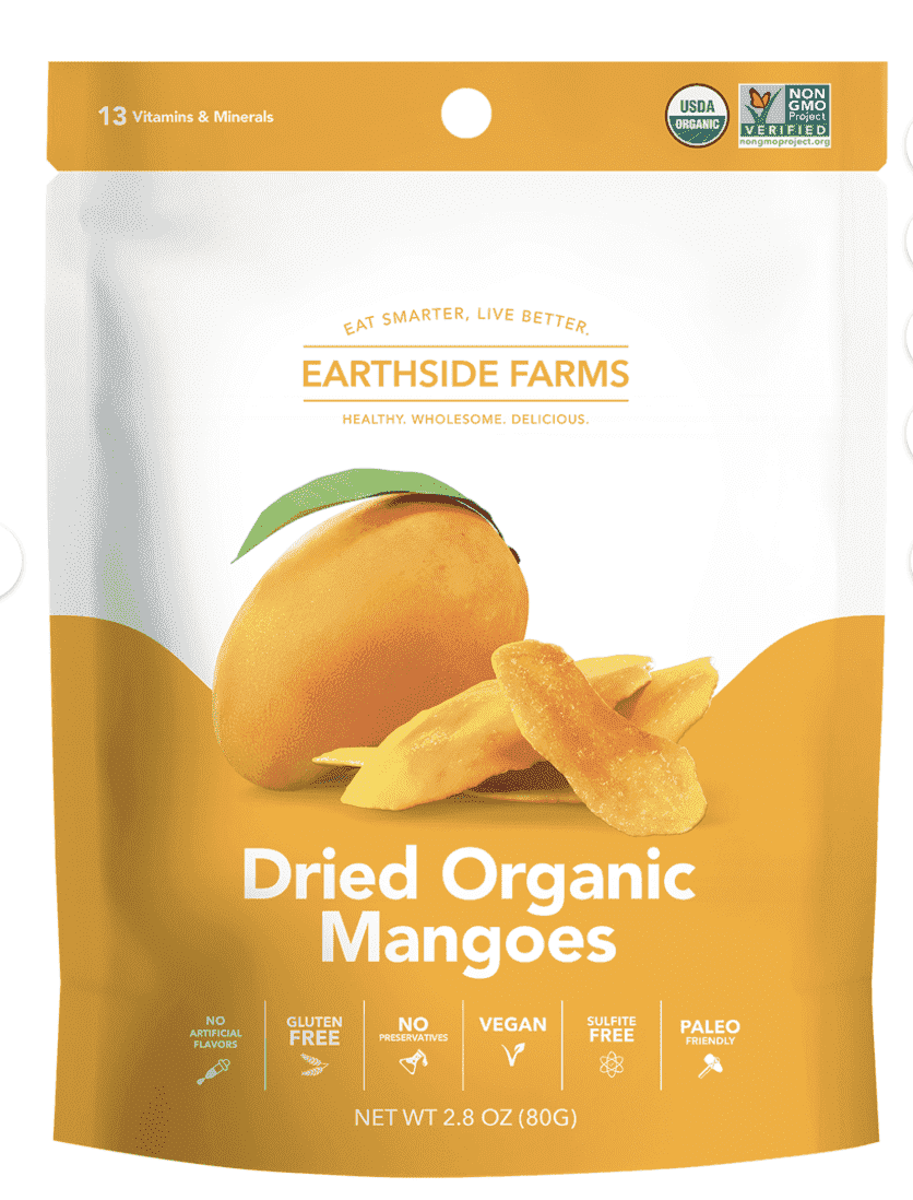 Earthside Farms Organic Dried Mango, No Added Sugar, Unsweetened Dried Fruit Snack, 2.8 oz Bags, 6 Pack