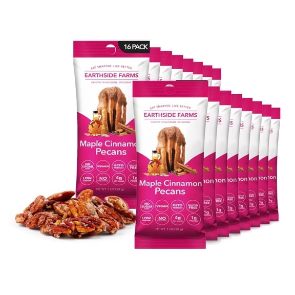 Earthside Farms Maple Cinnamon Pecans Snack Packs, No Sugar Added Keto Friendly Nuts, Vegan Gluten Free Non GMO Plant Protein Treat, 1oz Individual Bags 16 Count