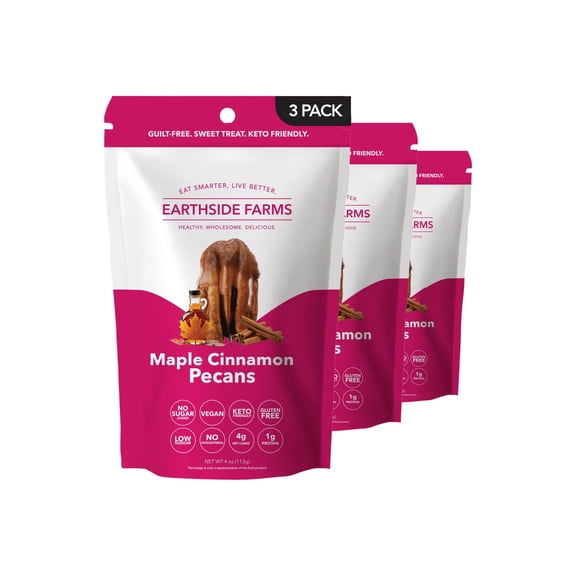 Earthside Farms Maple Cinnamon Pecans Snack Packs, No Sugar Added Keto Friendly Nuts, Vegan Gluten Free Non GMO Plant Protein Treat, 4oz Resealable Snack Bags, 3 Count