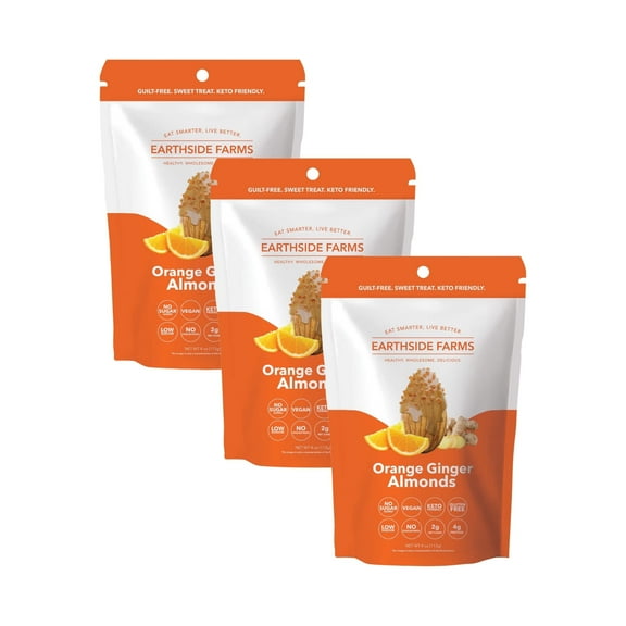 Earthside Farms Orange Ginger Almonds, Healthy Snacks Food, Vegan, Gluten-Free, Low Carb, Low Calorie Snacks, Keto-friendly - 4 Ounce Pack of 3